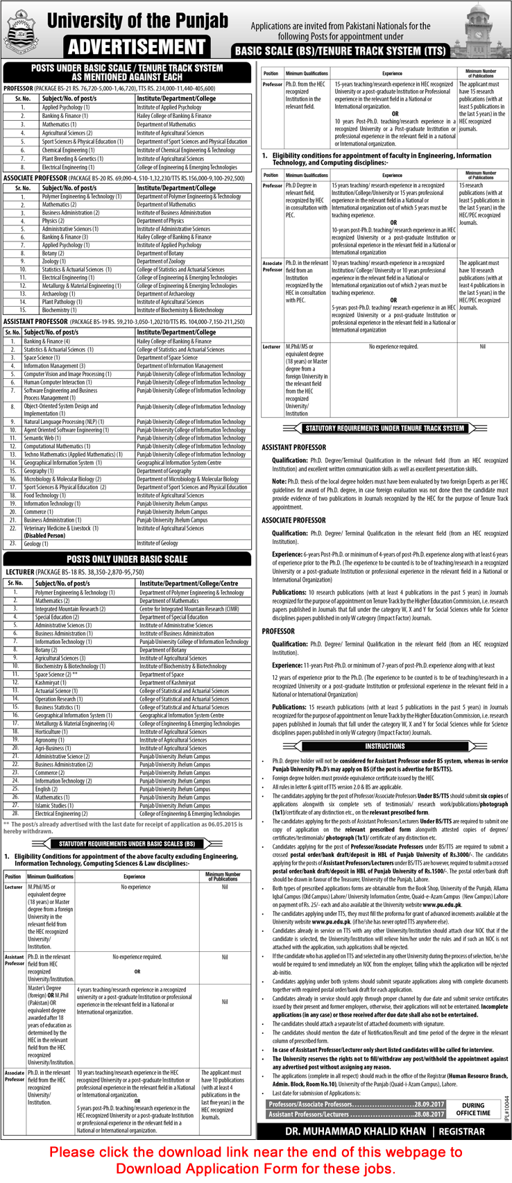 Punjab University Jobs July 2017 August Lahore Application Form Teaching Faculty UOP Latest