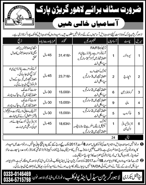 Lahore Garrison Park Jobs 2017 July / August Mali, Groundman & Others Latest