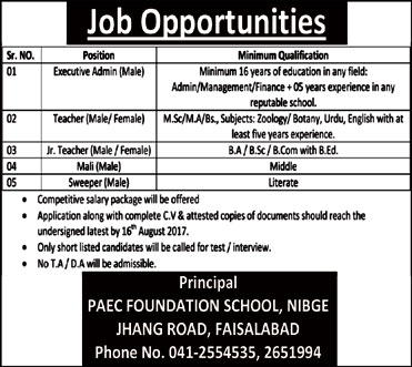 PAEC Foundation School Faisalabad Jobs 2017 August Teachers, Admin Executive, Mali & Sweeper Latest