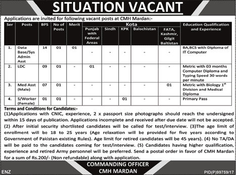 CMH Mardan Jobs August 2017 September Combined Military Hospital Latest