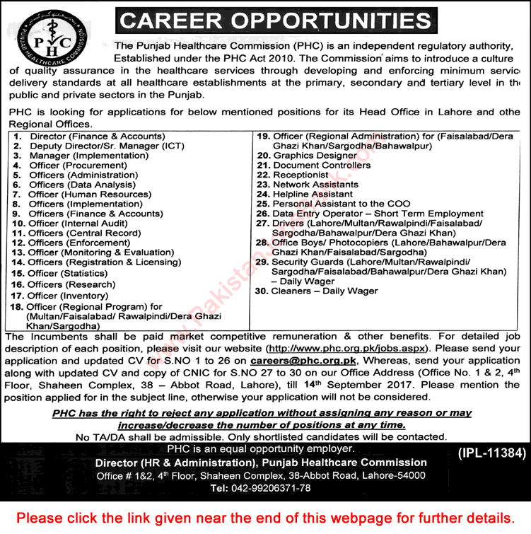 Punjab Healthcare Commission Jobs August 2017 September Managers, Officers, Security Guards, Drivers & Others Latest