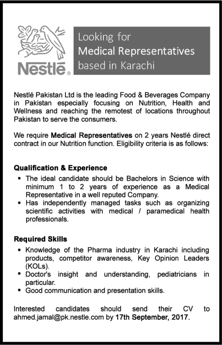 Medical Representative Jobs in Nestle Pakistan Karachi September 2017 Latest