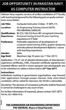 Computer Instructor Jobs in Pakistan Navy 2017 September Karachi at AETS PNS Mehran Latest