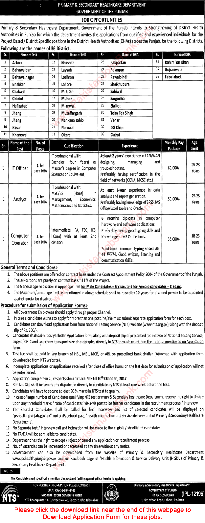 Primary and Secondary Healthcare Department Punjab Jobs September 2017 NTS Application Form Computer Operators & Others Latest