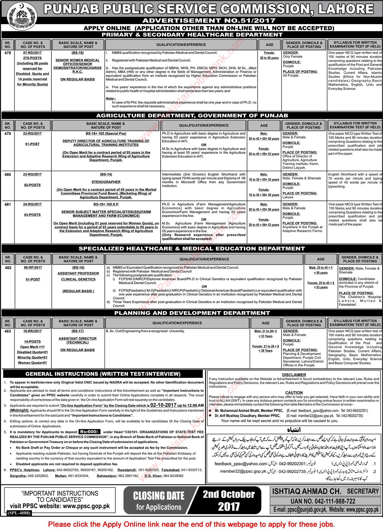 PPSC Jobs September 2017 Apply Online Consolidated Advertisement No 51/2017 Latest