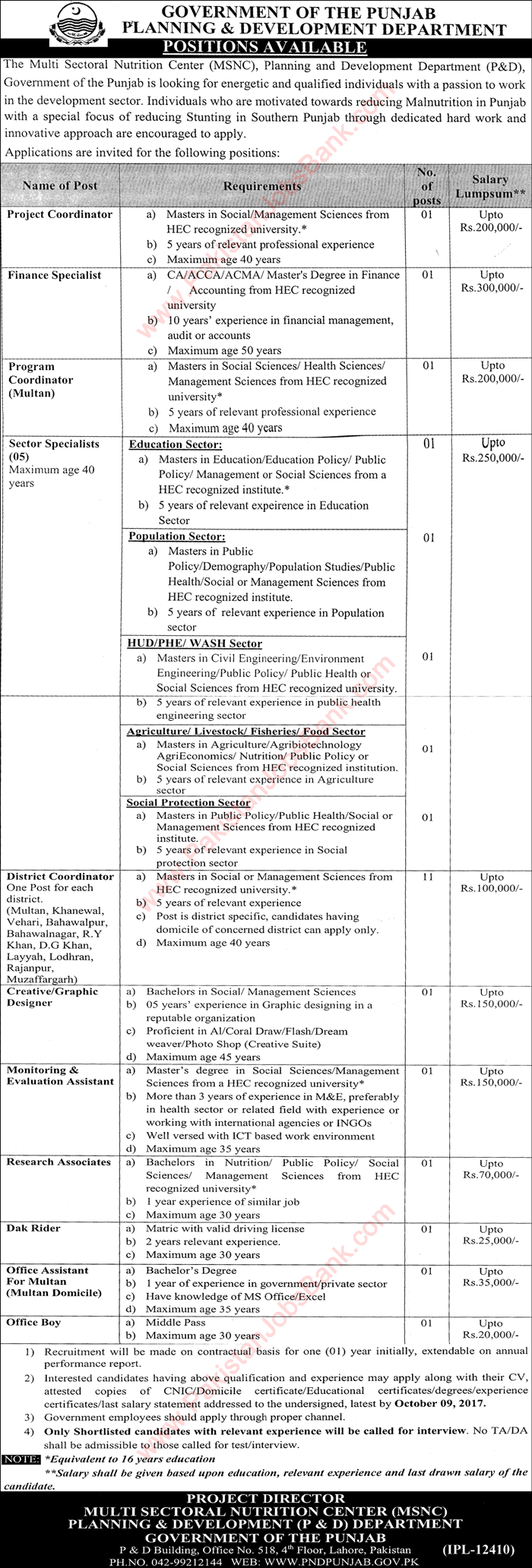 Planning and Development Department Punjab Jobs September 2017 District Coordinators & Others MSNC Latest