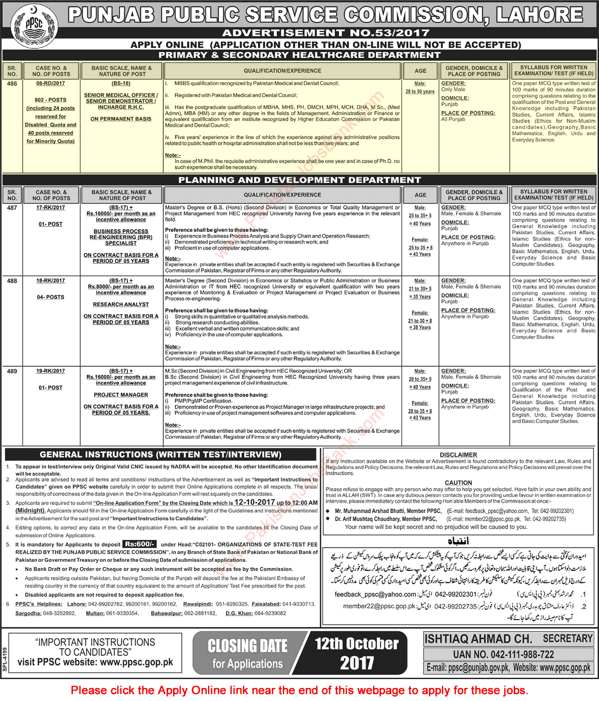 Medical Officer / Demonstrator Jobs in Primary and Secondary Healthcare Department Punjab September 2017 PPSC Apply Online Latest