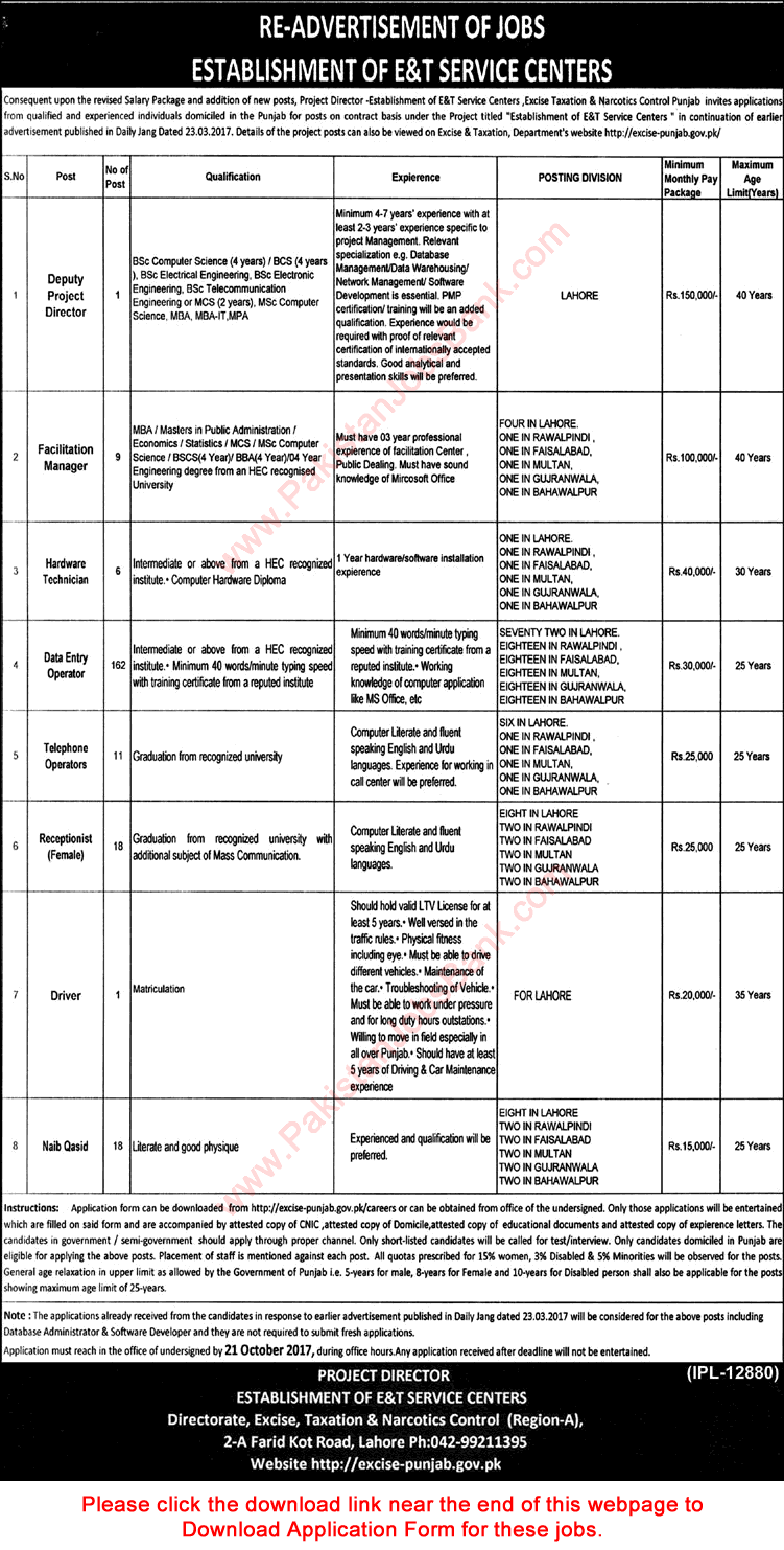 Excise and Taxation Department Punjab Jobs September 2017 October Application Form DEO, Receptionists & Others Latest