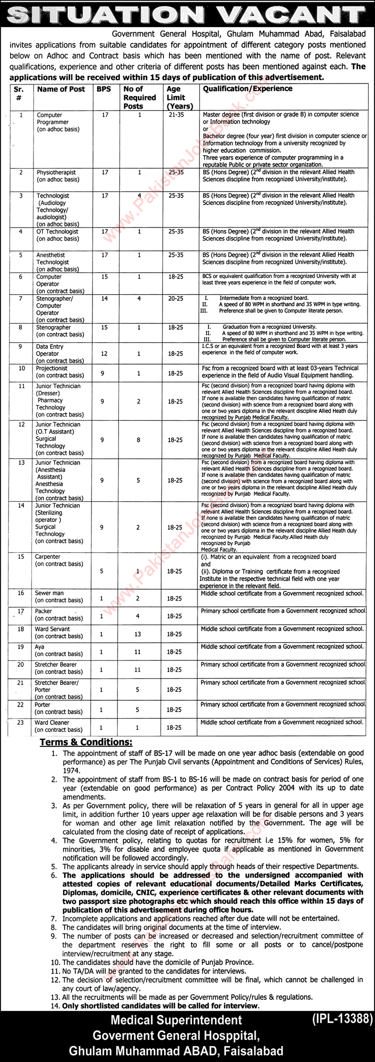 Government General Hospital Faisalabad Jobs October 2017 Ward Servants, Stretcher Bearers & Others Latest