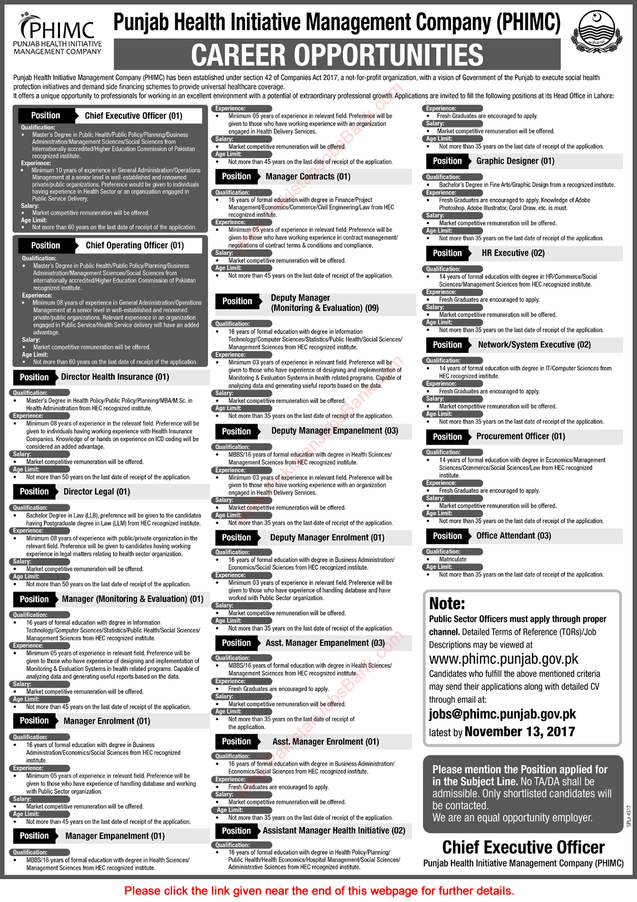 Punjab Health Initiative Management Company Jobs October 2017 Assistant Managers, Office Attendants & Others Latest