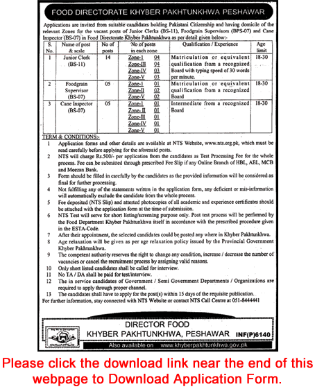 Food Directorate KPK Jobs October 2017 NTS Application Form Clerks, Foodgrain Supervisors & Cane Inspectors Latest