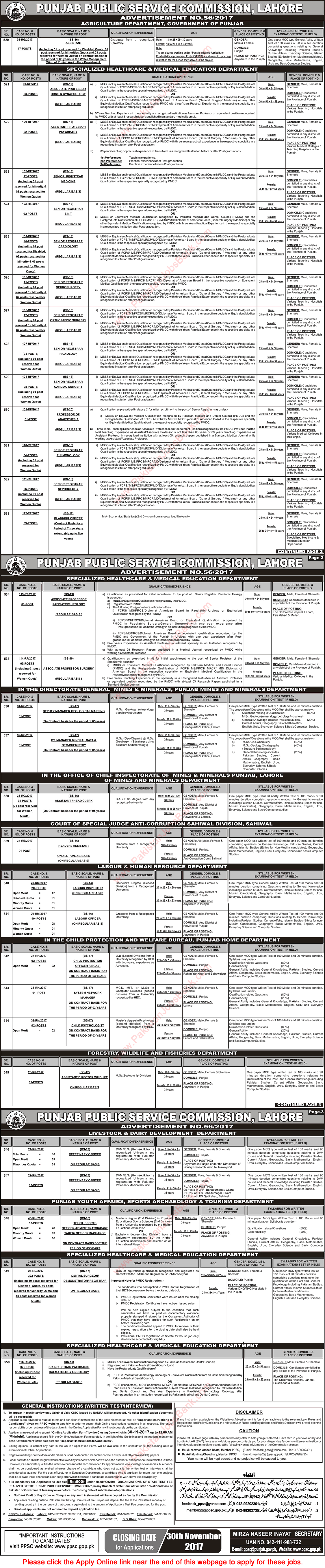 PPSC Jobs November 2017 Apply Online Consolidated Advertisement 56/2017 Latest