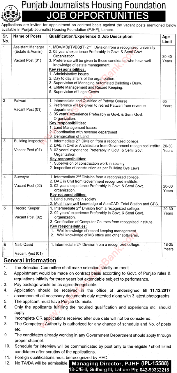 Punjab Journalists Housing Foundation Lahore Jobs November 2017 Surveyors, Record Keepers & Others Latest