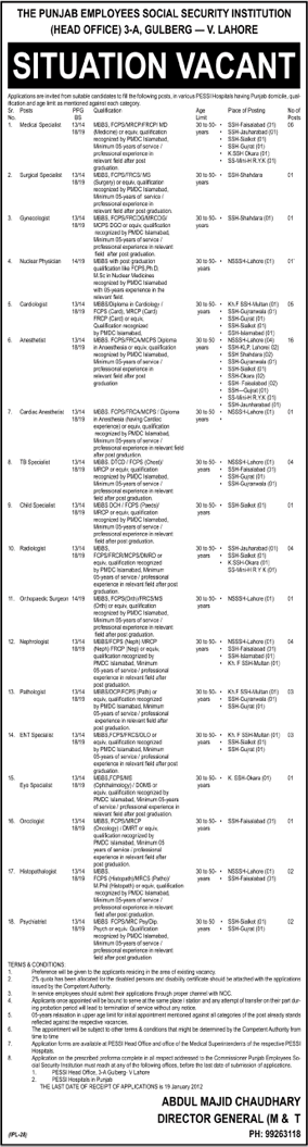 Punjab Employees Social Security Institution Jobs 2018 Specialist Doctors PESSI Hospitals Latest