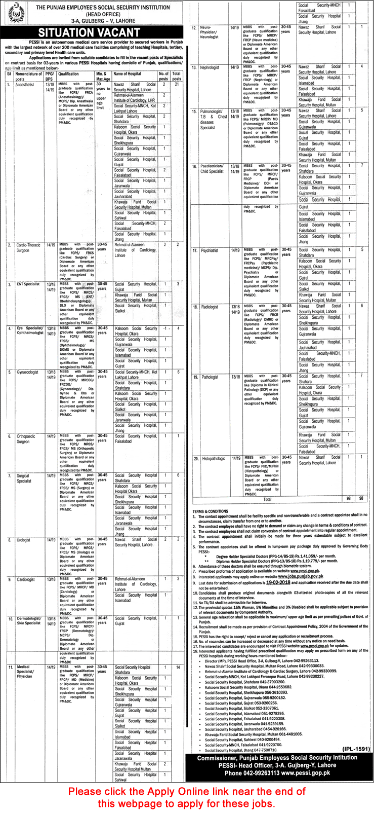 Specialist Doctor Jobs in Punjab Employees Social Security Institution February 2018 Apply Online Latest