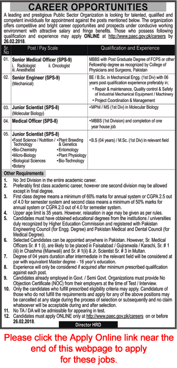 PAEC Jobs February 2018 Apply Online Medical Officers, Junior Scientists & Mechanical Engineers Latest