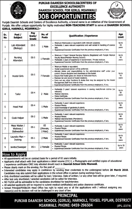 Danish School Harnoli Mianwali Jobs 2018 February Hostel Girls, Mess Waiters & Others Latest