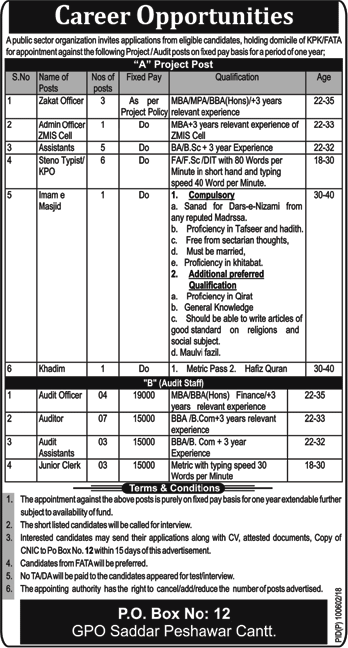 PO Box 12 GPO Peshawar Jobs 2018 March Stenotypists, Assistants, Auditors & Others Latest