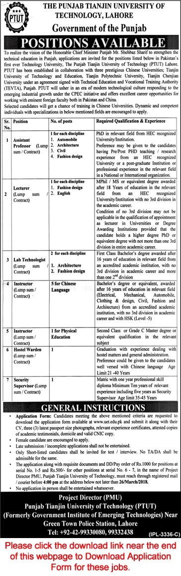 Punjab Tianjin University of Technology Lahore Jobs 2018 March PTUT Application Form Download Latest