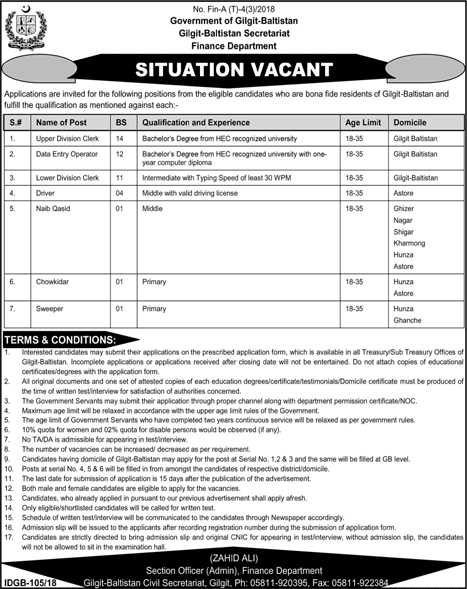 Finance Department Gilgit Baltistan Jobs 2018 March Clerks, DEO, Naib Qasid & Others Latest