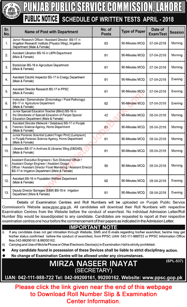 PPSC Written Test Schedule April 2018 Roll Numbers Slip & Examination Center Information Download Latest