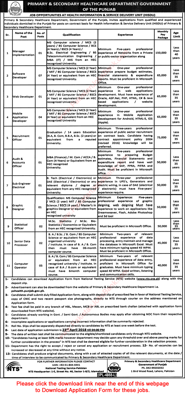 Primary and Secondary Healthcare Department Punjab Jobs April 2018 NTS Application Form Download Latest