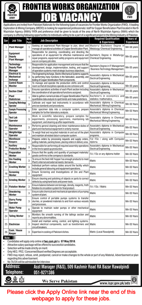 FWO Jobs April 2018 Apply Online Frontier Works Organization Latest Advertisement