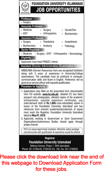 Foundation University Islamabad Jobs April 2018 Application Form Teaching Faculty & Assistant Director Latest