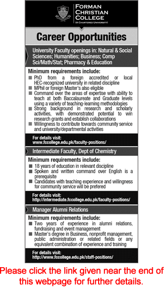 Forman Christian College Lahore Jobs 2018 April / May Teaching Faculty & Others Latest