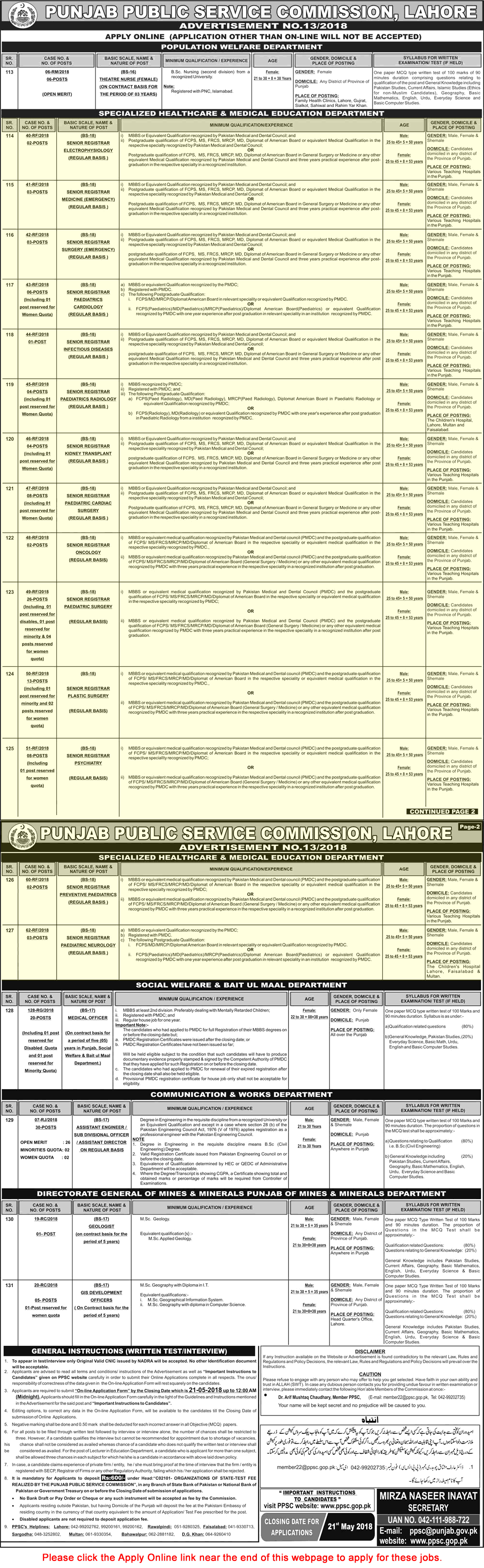 Senior Registrar Jobs in Specialized Healthcare & Medical Education Department Punjab May 2018 PPSC Apply Online Latest