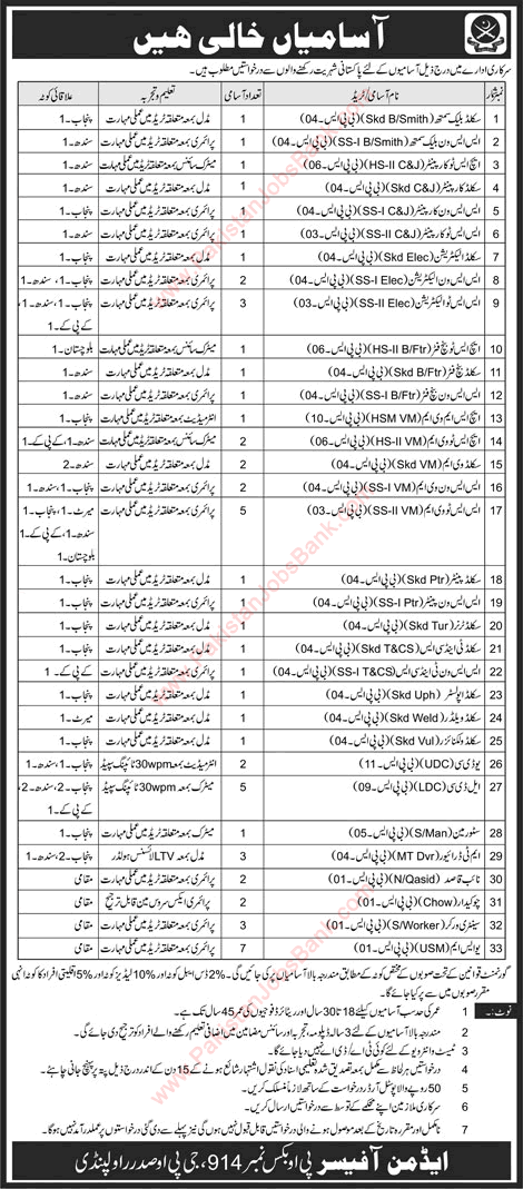 PO Box 914 GPO Rawalpindi Jobs 2018 May Skilled Workers / Technicians & Others Pakistan Army Latest