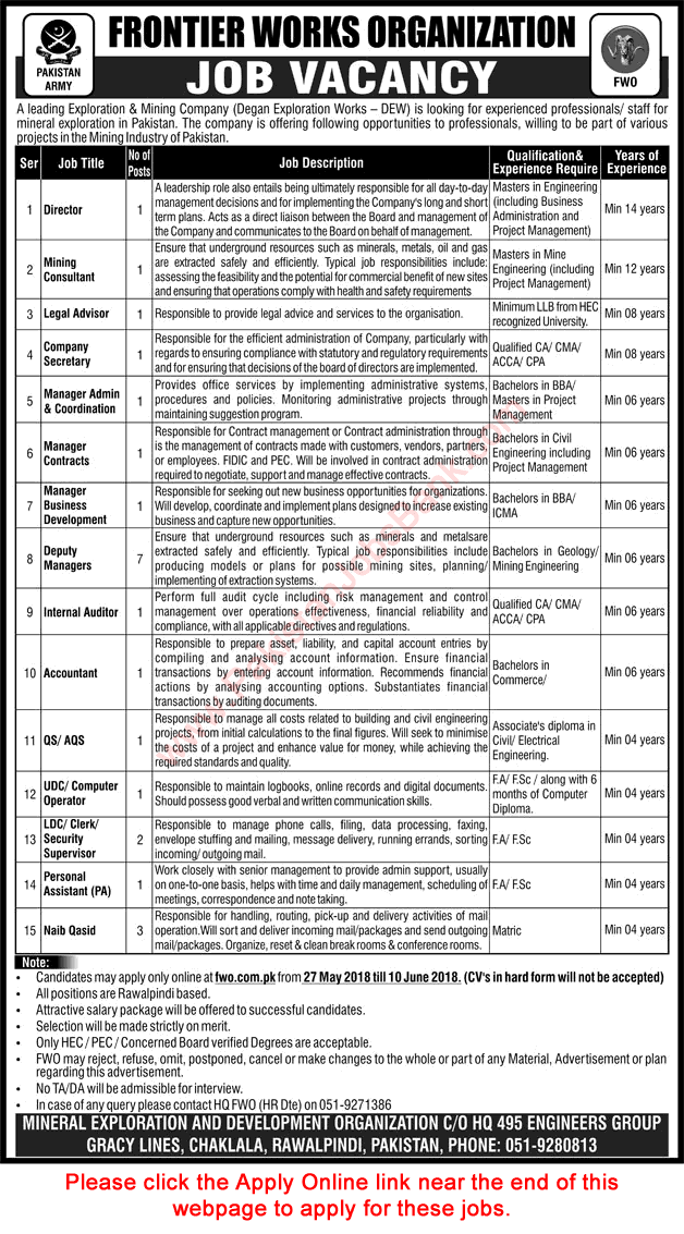 FWO Jobs May 2018 Apply Online Deputy Managers, Clerks & Others Frontier Works Organization Latest