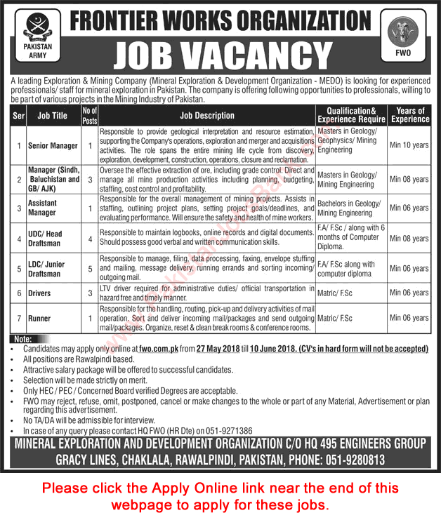 FWO Jobs May 2018 Apply Online Clerks / Draftsman, Managers & Others Frontier Workers Organization Latest