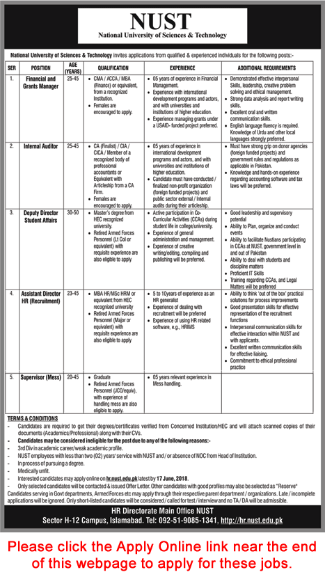 NUST University Islamabad Jobs June 2018 Apply Online National University of Science & Technology Latest