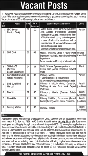 602 Regional Workshop EME Karachi Jobs 2018 July Clerks, Fireman & Others Pakistan Army Latest