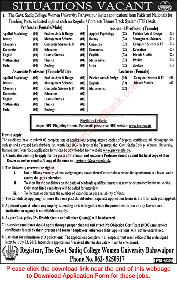 Government Sadiq College Women University Bahawalpur Jobs July 2018 Application Form Teaching Faculty Latest