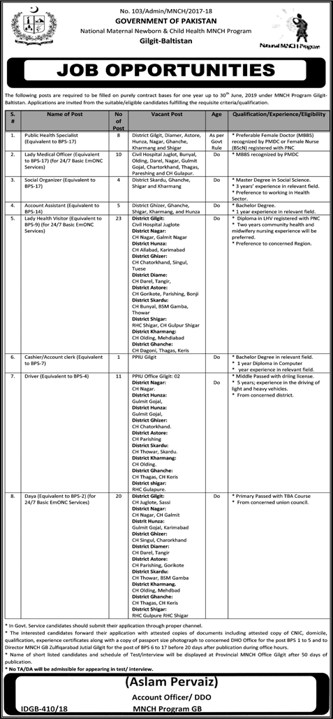 National MNCH Program Gilgit Baltistan Jobs 2018 July Lady Health Visitors, Medical Officers & Others Latest