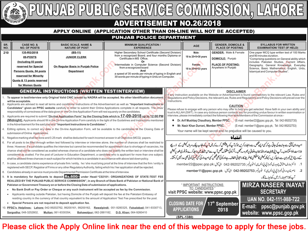 Punjab Police Junior Clerk Jobs 2018 September PPSC Apply Online Latest Advertisement