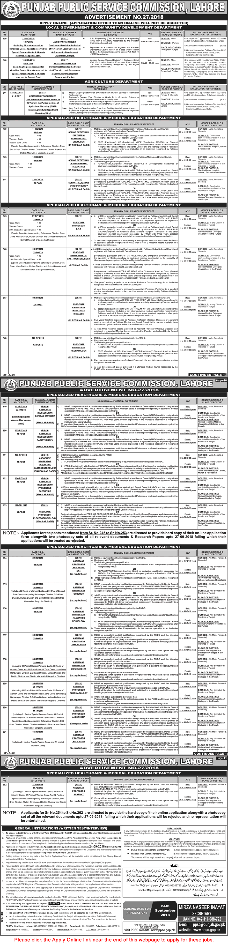 PPSC Jobs September 2018 Apply Online Consolidated Advertisement No 27/2018 Latest