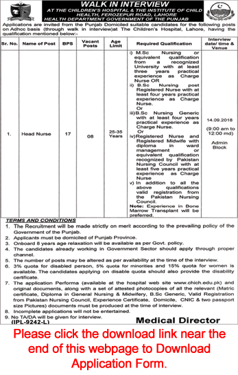 Nurse Jobs in Children's Hospital Lahore September 2018 CHICH Application Form Walk In Interview Latest