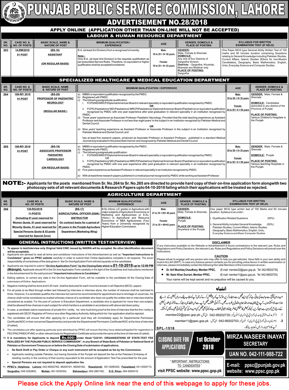 PPSC Jobs September 2018 Apply Online Consolidated Advertisement No 28/2018 Latest