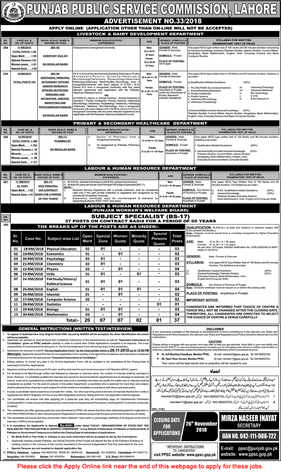 PPSC Jobs November 2018 Apply Online Consolidated Advertisement No 33/2018 Latest