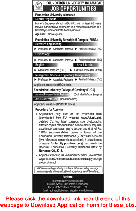 Foundation University Islamabad / Rawalpindi Jobs November 2018 Application Form Download Latest
