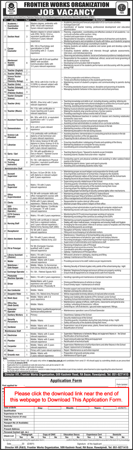 FWO Jobs December 2018 Online Application Form Teachers, Clerks & Others Frontier Works Organization Latest