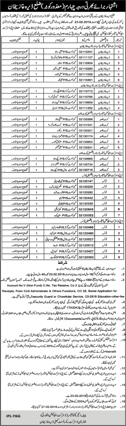 Chowkidar Jobs in Education Department Dera Ghazi Khan 2019 February District Education Authority Latest