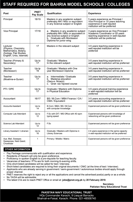 Pakistan Navy Educational Trust Karachi Jobs 2019 February Bahria Model Schools and Colleges PNET Latest