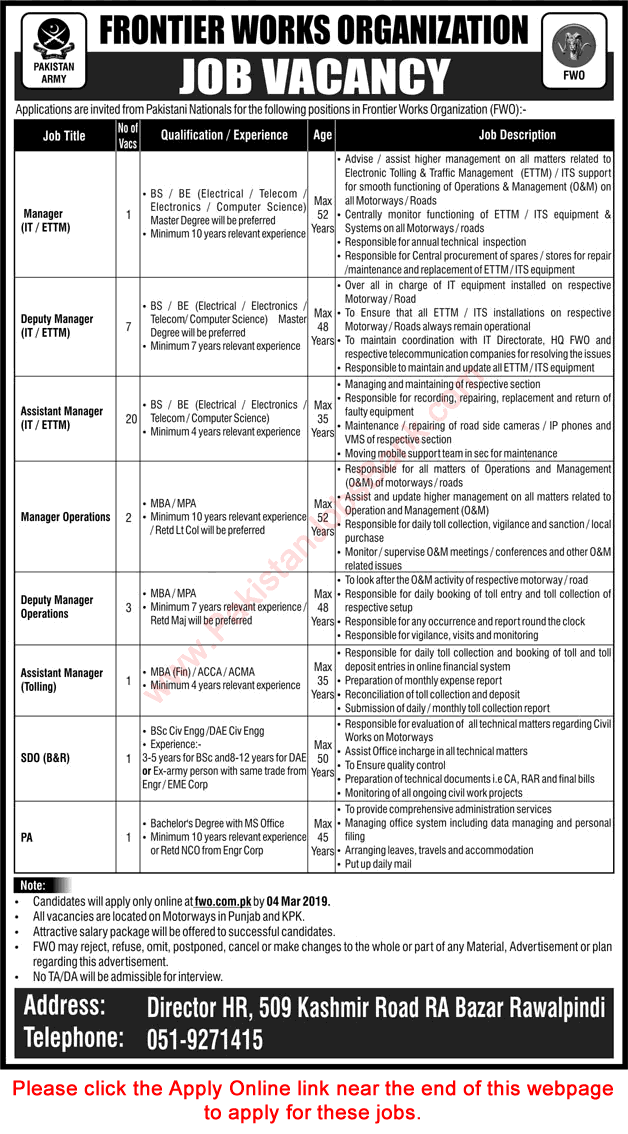 FWO Jobs February 2019 Apply Online IT Managers & Others Frontier Works Organization Latest