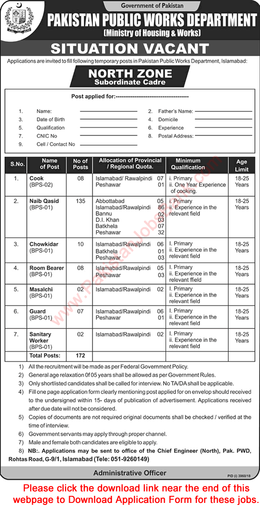 Pakistan Public Works Department Jobs 2019 February Application Form Naib Qasid, Chowkidar & Others Latest