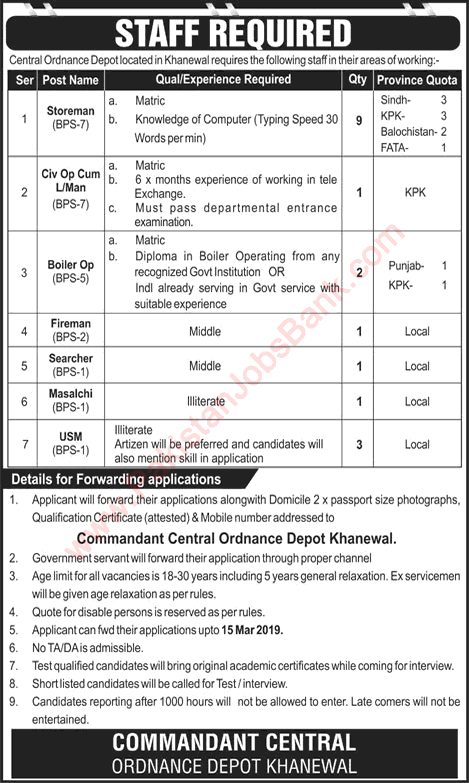 Central Ordnance Depot Khanewal Jobs 2019 March Storeman, USM, Boiler Operator & Others Latest