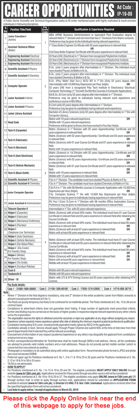 www.hr1384.com.pk Jobs 2019 March Online Apply Scientific Assistants, Computer Operators & Others Latest